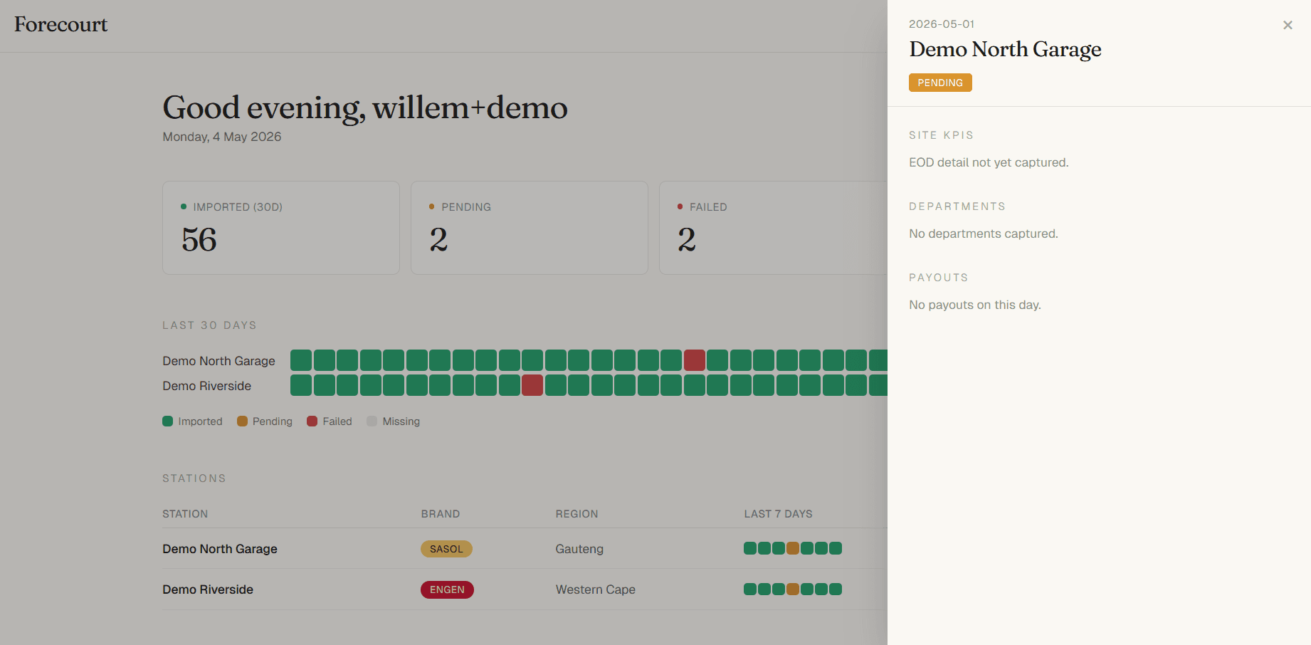 EOD detail panel showing a pending day with no detail data captured yet